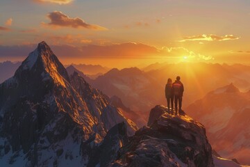 A couple of people standing on top of a mountain. Great for outdoor adventures