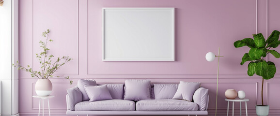 Soft pastel tones define the interior of this contemporary living space, with a lavender sofa and a clean white empty frame serving as focal points against the wall. - obrazy, fototapety, plakaty