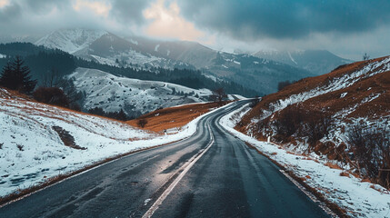 road in the middle of snowy mountain
