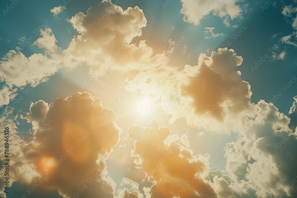 Poster sun shining through clouds in the sky, ideal for weather forecasts