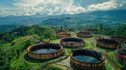 Several large water tanks seen from above. Suitable for industrial, environmental, or infrastructure concepts - obrazy, fototapety, plakaty