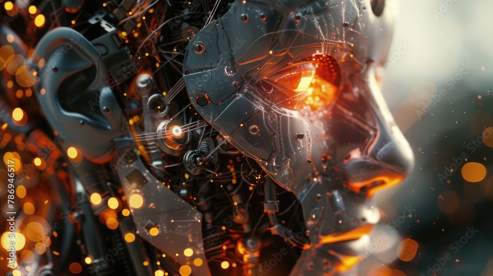 Poster Close up of a robot's face with glowing eyes. Perfect for technology and futuristic concepts