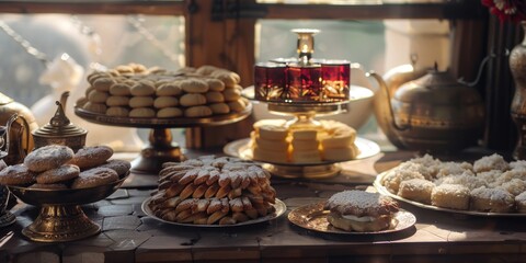 Variety of pastries displayed on a table, suitable for bakery or dessert concepts