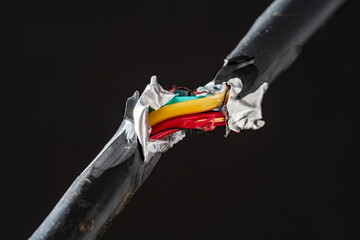 Broken electric cord with red and electric yellow wires intertwined. Damaged power electrical cable on black background, close up