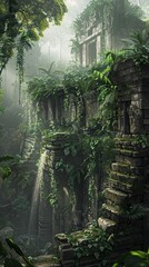 A fantastical jungle adventure with dense foliage, exotic wildlife, and ancient ruins hidden deep within the lush greenery