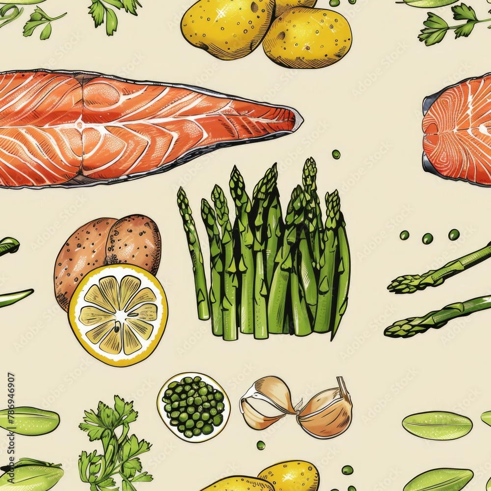 Poster A collection of food items displayed on a table. Suitable for food and dining concepts