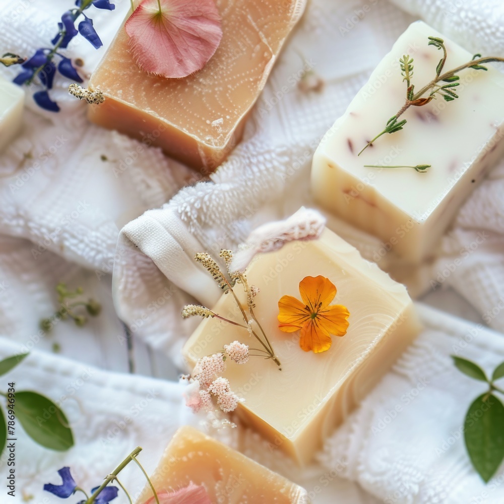 Poster a bunch of soap bars on a white towel. perfect for hygiene and cleanliness concepts