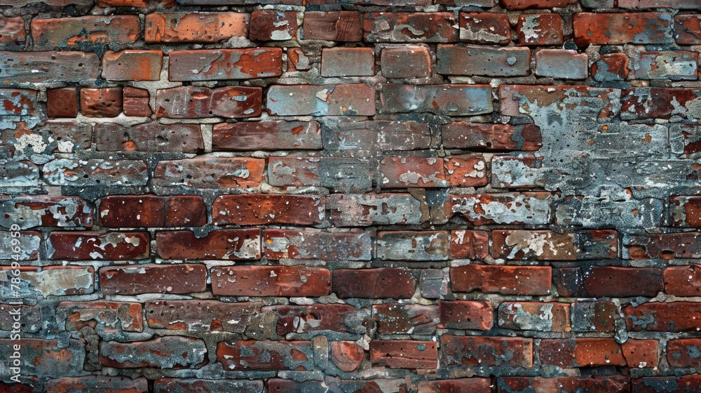 Poster A weathered red brick wall with peeling paint. Ideal for adding texture to design projects