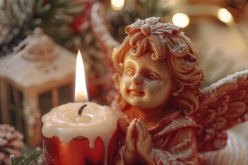 Fototapeta premium Festive angel with candle next to Christmas tree. Ideal for holiday designs