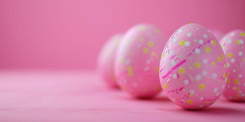 Obraz na płótnie Canvas Colorful Easter eggs lined up on a pink background. Ideal for spring and holiday concepts