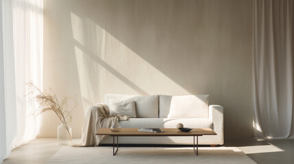 Sunlight streaming through sheer curtains onto a Scandinavian-style sofa and coffee table, with an empty wall offering a canvas for creative expression in a minimalist setting. - obrazy, fototapety, plakaty