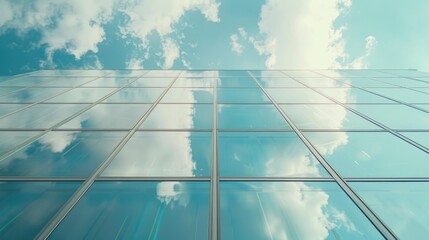 Modern glass building with clear blue sky background, ideal for architecture and urban concepts
