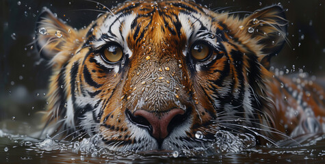 A Siberian tiger is swimming in the water, staring at the camera