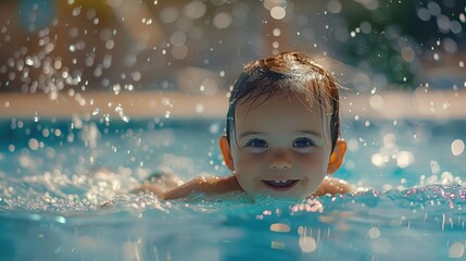 A young boy swimming in a pool with water droplets. Suitable for summer activities promotion