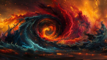 A colorful and intense view of a fire whirl, with flames twisting into a tornado shape against a background of black smoke and a red-orange glowing horizon at dusk - obrazy, fototapety, plakaty