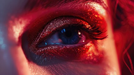 Detailed image of a person's eye with vibrant red and blue makeup, suitable for beauty and fashion concepts