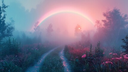 A mystical morning with fogbow (white rainbow), creating a subtle arc over a misty, dew-covered meadow, rendered in pastel tones of pink and green