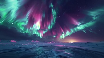 A panoramic view of the Aurora Borealis casting vibrant green and purple hues across a starlit night sky, the lights swirling dynamically above a snowy landscape