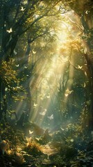 A magical forest field that glows with golden light There were angels flying around the trees.