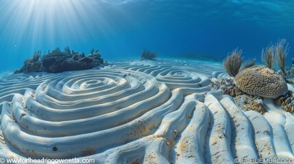 Fototapeta na wymiar An ethereal display of underwater crop circles created by pufferfish, the intricate patterns etched on the seabed visible in clear blue waters under bright sunlight