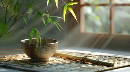 A bamboo mat with a plant in a bowl, suitable for interior design projects