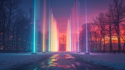 The enchanting view of light pillars projecting from ground lights, the sky painted in vertical stripes of pink, blue, and violet during a cold, clear winter night - obrazy, fototapety, plakaty