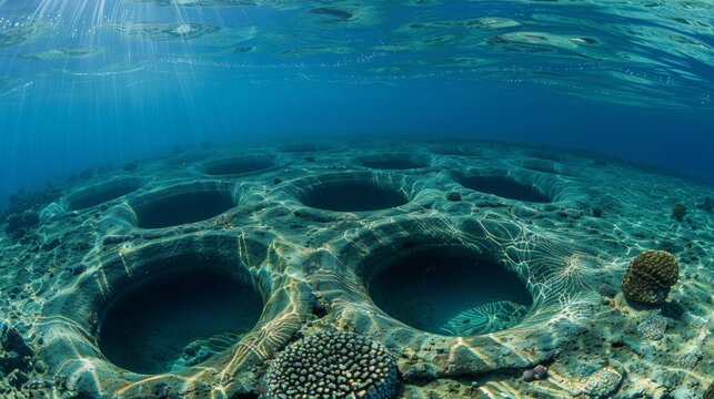 An ethereal display of underwater crop circles created by pufferfish, the intricate patterns etched on the seabed visible in clear blue waters under bright sunlight