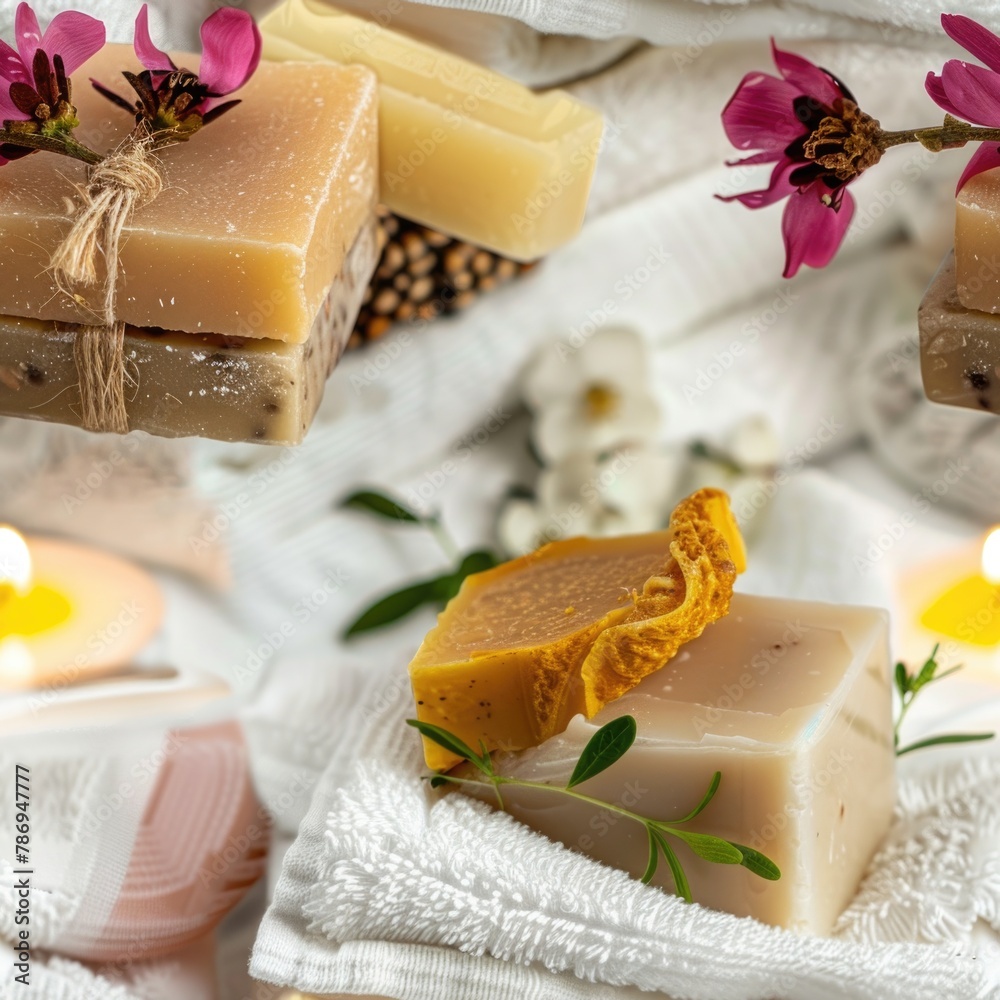 Poster a bunch of soap bars sitting on top of a towel. perfect for hygiene and spa concepts