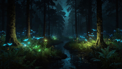 Fototapeta na wymiar misty forest in the night