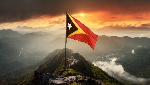 The Flag of Timor Leste On The Mountain.