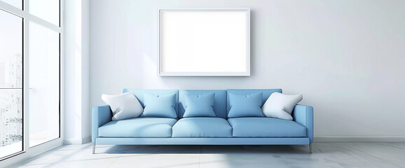 The serene ambiance of this minimalist living room is enhanced by a sky blue sofa against a backdrop of creamy white walls, with an empty frame offering a blank canvas.