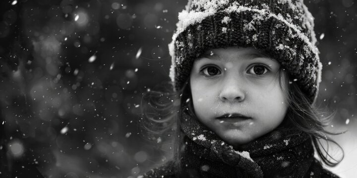 A black and white photo of a little girl in the snow. Suitable for winter themes