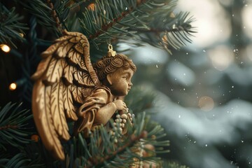 Fototapeta premium A festive gold angel ornament hanging from a Christmas tree. Perfect for holiday decorations