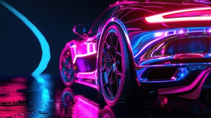 Neon-lit futuristic sports car in the dark