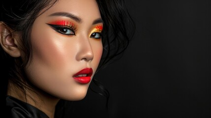 A portrait of a beautiful Asian girl with artistic and creative makeup, photographed in a studio against a black background. - obrazy, fototapety, plakaty