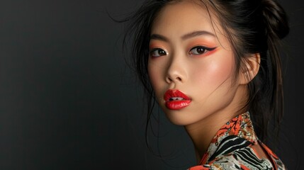 A portrait of a beautiful Asian girl with artistic and creative makeup, photographed in a studio against a black background.