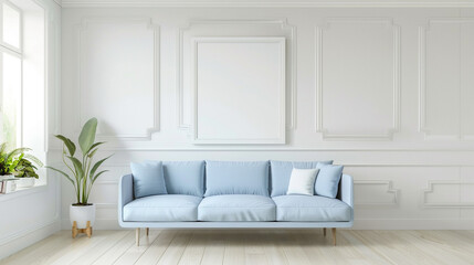 The serene ambiance of this modern living room is enhanced by a sky blue sofa against a backdrop of creamy white walls, with an empty frame offering a blank slate. - obrazy, fototapety, plakaty