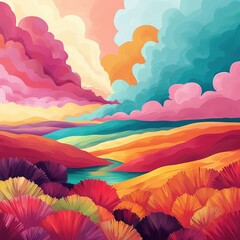 Abstract digital art, fluid colors merging in a dreamlike landscape