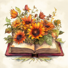 Opened book and wildflowers boho decorative composition. Watercolor school illustration.