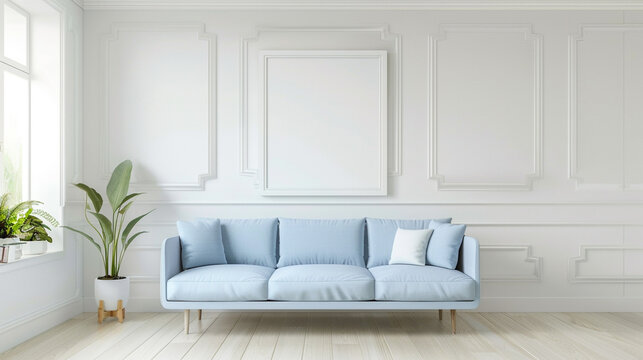 The serene ambiance of this modern living room is enhanced by a sky blue sofa against a backdrop of creamy white walls, with an empty frame offering a blank slate.