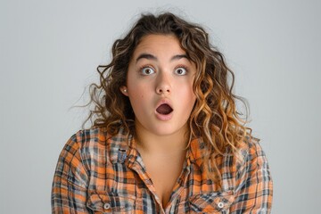 Young woman in plaid shirt showing surprise expression