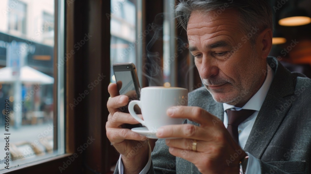 Poster a man looking at his cell phone while holding a cup of coffee. perfect for illustrating modern techn