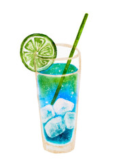 Blue and green lime summer drink cocktail with ice and straw, vector watercolor image, hand made not AI