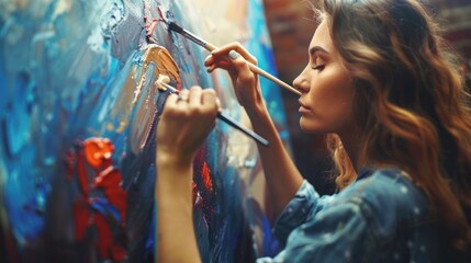 A woman paints with a brush and palette at an art studio, expressing her creativity through art. - obrazy, fototapety, plakaty