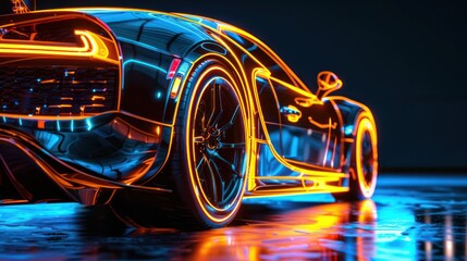 A stunning, high-definition image capturing a futuristic sports car illuminated by neon lighting, reflecting beautifully on a wet surface