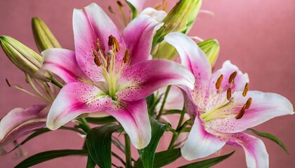 Elegant pink lilies on rosy background