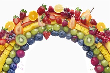 A vibrant rainbow made out of various fruits and vegetables. Ideal for healthy eating concepts