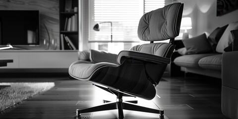 A black and white photo of a chair in a living room. Perfect for interior design concepts