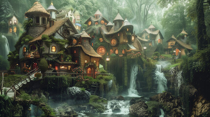 Fototapeta premium fantasy whimsical village landscape in magical forest, fairytale concept