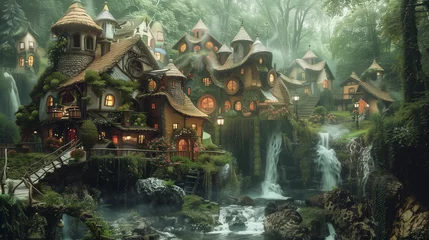 Rolgordijnen fantasy whimsical village landscape  in magical forest, fairytale concept © AiDesign